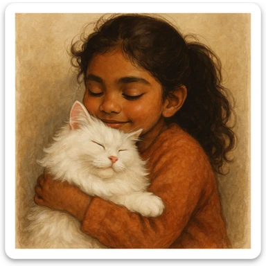 brown girl snuggling fluffy white cat, style 5 sticker