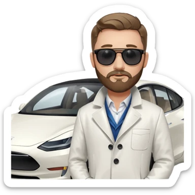 White tesla model 3 with one cool physician with dark blond hair, beard and dark sunglasses next to it sticker
