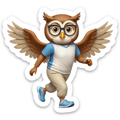 friendly anthropomorphised owl with visible wings, in pants and a shirt, wearing glasses, jogging upright, standard pose sticker