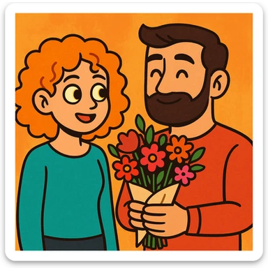 a curly haired girl with yellow eyes and hair parted from the right side, with a handsome bearded man holding a bouquet, cartoon, warm, and inviting sticker