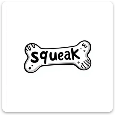 dog bone with the word 'squeak', colorful doodle style sticker