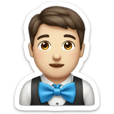 A young male tennager with big cheeks with a beauty spot on chin with a round face and very short brown hair and a mole on chin wearing a blue bow tie sticker