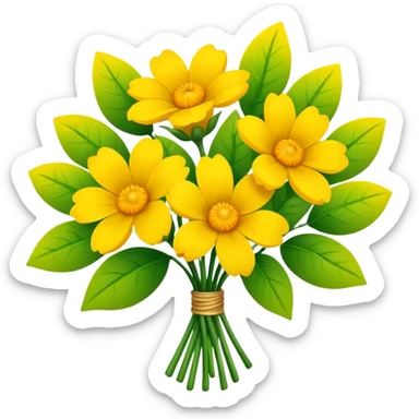 Generate a high-quality image of a bouquet of flowers dominated by yellow blooms, with a mix of green leaves, realistic colors and shading, smooth gradient colors, no human figures, no facial features, no brand markings, simple white background, high-resolution.
 sticker
