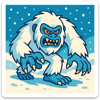 A Yeti creeping towards the viewer, snowy fur, menacing but cartoonish expression, visible claws, snowy background, dynamic pose sticker