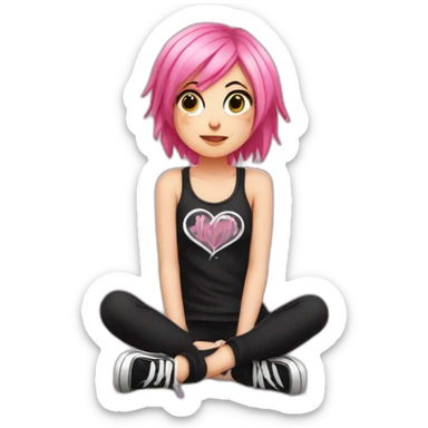full body Front view curvy emo girl pink hair sits on the floor straight view hands up черная юбка белые трусики рваные полосатые чулки sticker