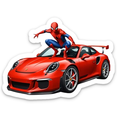 Die-cut sticker of Spider-Man sitting on a Porsche 911 GT3 RS, bold vector art, thick white border, isolated on green hilly background. sticker