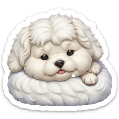 Cinematic Meme-Worthy Chubby Sleeping Wavy-Haired Maltese Dog Portrait Emoji, Head resting peacefully with a contented smile, featuring a delightfully chubby build and a luxuriously soft, wavy-haired white coat, eyes shut in a serene nap, Simplified yet hilariously adorable features, highly detailed, glowing with a soft, drowsy light, high shine, relaxed and utterly lovable, stylized with an air of playful laziness, bright and endearing, soft glowing outline, capturing the essence of a comically sleepy companion, so meme-worthy it feels like it could instantly become the next viral sensation of adorable slumber! sticker