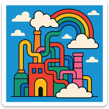 a whimsical rainbow factory with colorful pipes and clouds, vibrant and playful sticker