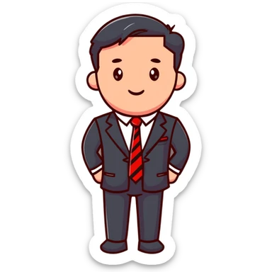 man wearing a suit with black horizontal stripes and a red tie sticker