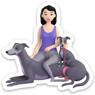 Very thin Chinese woman with long black hair relaxing in a luxurious hotel suite with exactly ONE whippet dog. EXTREME IMPORTANCE: the whippet must be ONE SOLID VERY DARK CHARCOAL GREY COLOR from nose to tail with ABSOLUTELY NO WHITE MARKINGS anywhere - NO white on face, NO white on muzzle, NO white on chest, NO white on paws, NO white on tail - NOTHING BUT A SINGLE SHADE OF VERY DARK GREY throughout the entire animal sticker