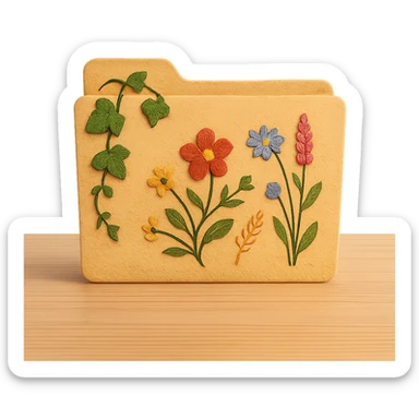 whimsical folder icon in cottagecore style, folder with floral embroidery, ivy, wildflowers, set on wooden desk, no text sticker