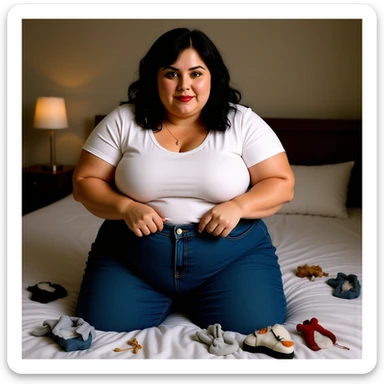 realistic plus-size woman in a bedroom, struggling to fit jeans over balloon-like swollen thighs, seams popping, failed clothing attempts all around, vertical orientation sticker