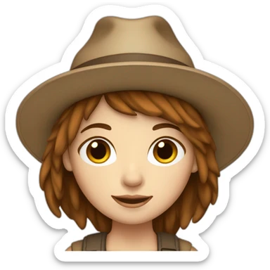 white skin, Girl with a hat, brown hair straight to the shoulders, holding a laptop sticker