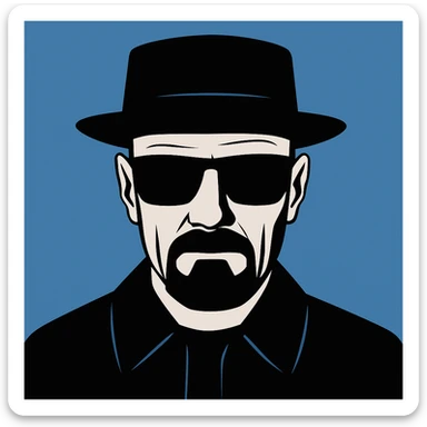 Walter White, Heisenberg persona, black hat and sunglasses, goatee, blue background, minimalist style sticker
