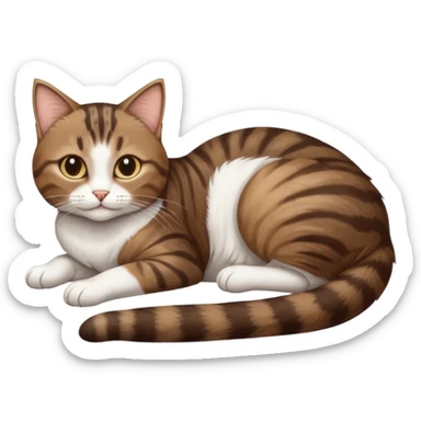 dark brown tabby and white cat with doing a big extremely long stretch reaching up into the air with arms and legs side by side together straight and overextended whilst lying on its side sticker