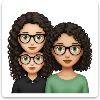 One girl with long dark brown hair, black glasses, green eyes, and neutral skin tone. Another girl with black curly shoulder length hair, hazel eyes, neutral skin tone  sticker