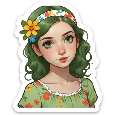 a girl has green eyes and medium length wavy hair, small lips and pretty nose  sticker