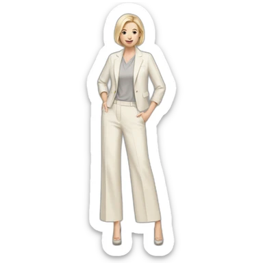 Full height Actively gesturing with hands pale skin woman with ash blonde Straightened bob Hair, White Spacious classical jacket, beige palazzo Arrow pants and gray blouse sticker