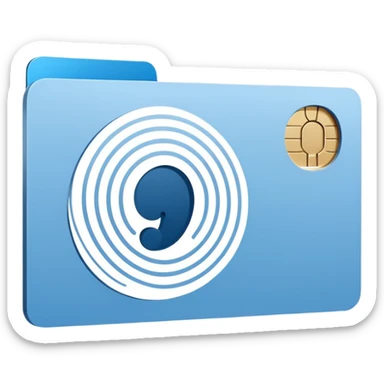 Minimalist blue Telegram channel icon of a card back. The card is face down, slightly tilted. A single, elegant fingerprint spiral is centered on the card back, symbolizing identity and unique associations. Monochromatic blue and white. Clean, flat design. sticker