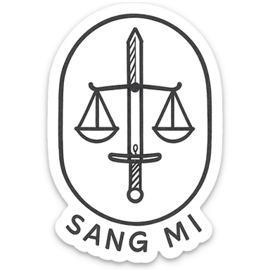 A minimalist emblem for SANG MI, highlighting a minimalist sword and scales icon. The design should use a muted and professional color scheme, with a small, discreet 'SP' insignia. The overall look should be modern and covert, suitable for a secretive investigative unit. sticker