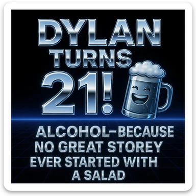 Simplify the vaporwave card: use a minimal neon grid background, one drink icon, and bold chrome text for the quote. Remove extra graphics and keep the color palette clean and limited. sticker