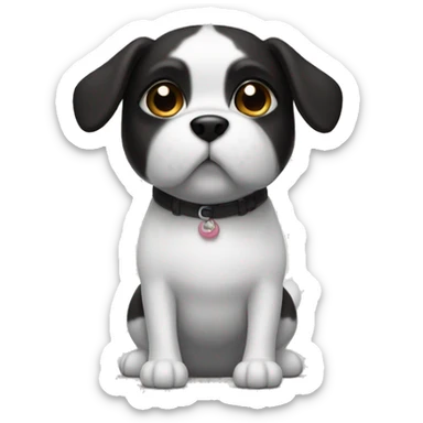 small dog with crooked front leg. black head, white body. sticker