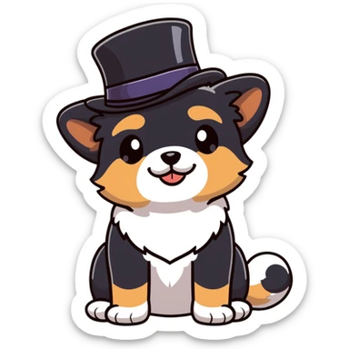 cute small dog with plain light tan fur, black nose, black round eyes, curly fluffy medium length hair, wearing a top hat sticker