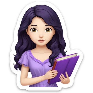 Long Hair Women with purple Book, Black wavy hair, light dress sticker