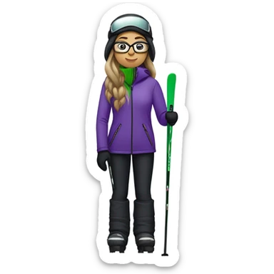 Green-eyed, slightly overweight female skier with long straight hair, glasses, purple snow jacket, long black pants, black only snow boots, black skis standing tall. sticker