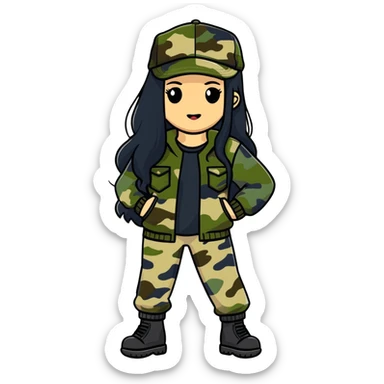 woman with long black hair in camouflage outfit wearing IC daddy cap sticker