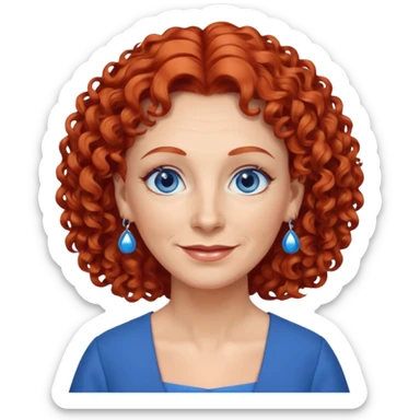 una profesora mayor simpática con el pelo rojo rizado, ojos azules, vestido azul y pendientes azules sticker