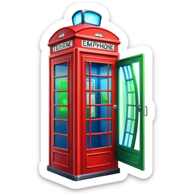 A red phone booth transformed into a time machine with glowing elements sticker