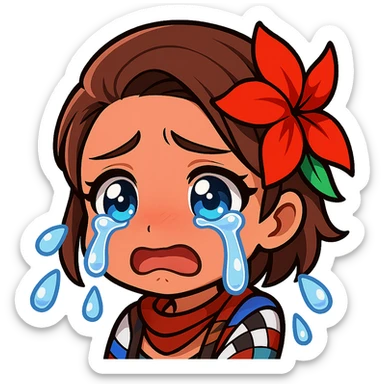 Azucena from Tekken 8 in chibi sticker style crying with big teardrops, designed for Twitch emote use. sticker