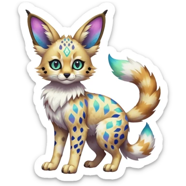 Rare iridescent white exotic epic aesthetic colorful Trico-Eevee-Serval-Genet-species-Fakemon-hybrid-creature, with intricate tattoo markings, full body sticker