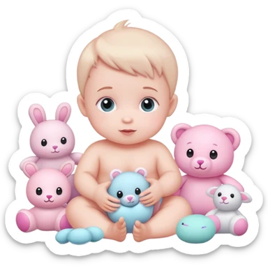 cute baby playing with pastel pink toys and plushies sticker