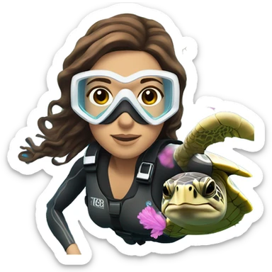 Woman Scuba diving underwater with a turtle, the woman should have brown wavy hair, brown eyes, white skin tone and pink mask / fins sticker
