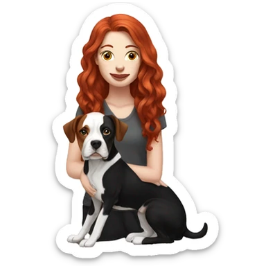 Long Red haired woman with septum piercing holding black and white English Staffordshire dog sticker