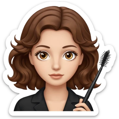 Cabello ondulado castaño ojos color café claro con una máscara de pestañas en la mano sticker