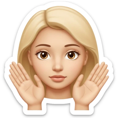 Simple wellness-style emoji of a face with a hand gently pressing and guiding facial fullness downward and outward, showing reduced face fat and puffiness, clear slimming effect on cheeks, natural and healthy look, no makeup sticker