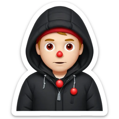 A man sitting on a chair, wearing a puffed coat with hood, hands in his pocket, freezing in the winter sticker