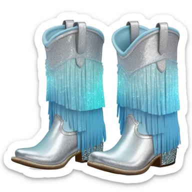 Realistic silver and pastel blue ombre pair of fashion cowgirl boots with sparkly shiny glitter fringe on them. sticker