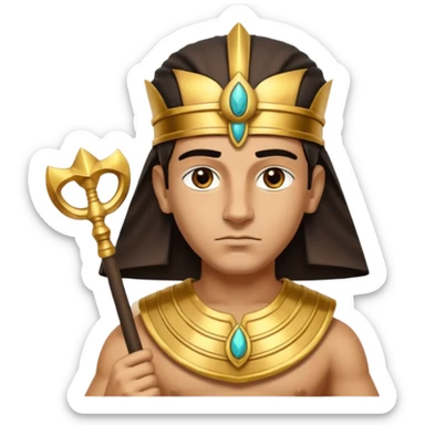 A regal pharaoh with golden headdress, calm stern eyes, and holding a crook and flail with authority.
 sticker