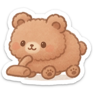 adorable kawaii chibi fluffy vacuum cleaner bear, tiny paw wheels, rolling, soft brown pastel, full-body sticker