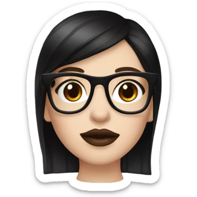 A hot white-skinned girl with straight black hair and natural long black rectangular glasses with black t shirt pink lips with brown lip liner and red cheeks  sticker
