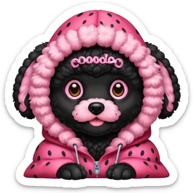 A black poodle puppy with a strawberry hood sticker
