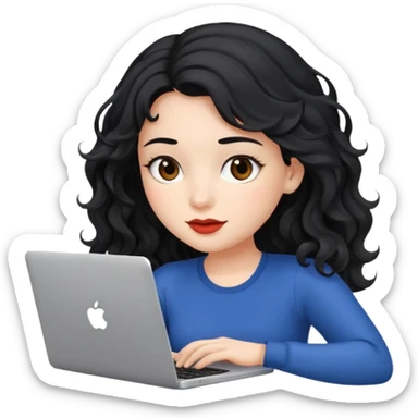 Beautiful girl, with black hair, with wavy hair, and with a laptop  sticker