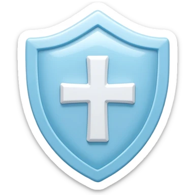A cute 3D render icon of a protective shield. Rounded edges, plump, glossy plastic material. Sky blue and white color palette. A subtle, soft white cross or heart symbol embossed in the center. Clean studio lighting, soft shadows. Isolated on a light pastel background. Minimalist design. sticker