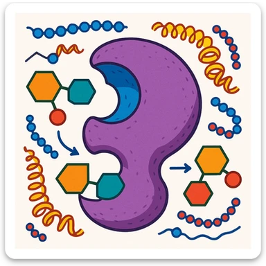 Ultra-detailed scientific illustration  (like in a school book) of enzyme digestion. Macro molecular view, clean white background, no text, no human figures or cartoon characters. Purely biological focus and really detailed and surrounding sticker
