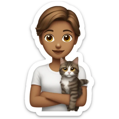 Girl with brown short hair and young Maine Coon brown and white sticker