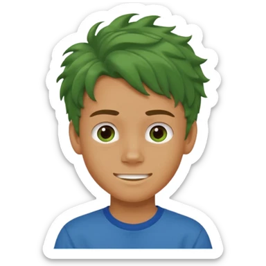 A 14 yerar old teenage boy, tanned, wearing a green t-shirt , blue jeans and green sneakers with brown wavy tousled hair, smirking sticker